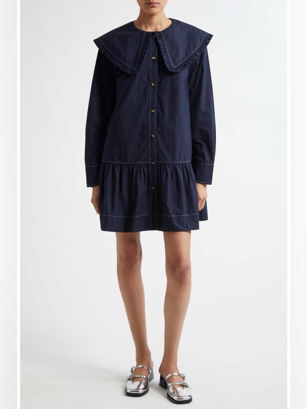 Navy Button-Front Cotton Mini Dress with Oversized Collar